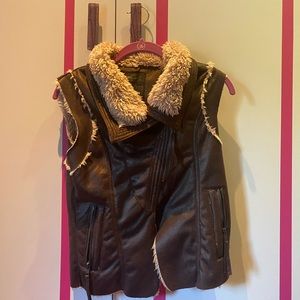 Shearling lined brown vegan leather vest